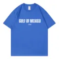 Casual blauw katoenen t-shirt met korte mouwen en Golf van Mexico opdruk voor dames en heren. - S / Tops / Saffierblauw