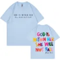 Lässiges hellblaues Baumwoll-Kurzarm-T-Shirt mit inspirierendem Grafikdruck vorne und hinten. - Hellblau