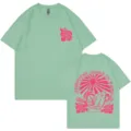 Mintgrünes Baumwoll-Kurzarm-T-Shirt mit Wellen-Grafik auf dem Rücken für den Sommer. - S / Oberteile / Bohnengrün