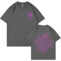Dark gray cotton t-shirt featuring purple palm tree chest print and large floral back graphic. - S / Tops / Dark Gray