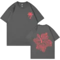 Dunkelgraues Baumwoll T-Shirt mit Palme und Hibiskus Grafik, lässiges Freizeit Oberteil. - S / Oberteile / Dunkelgrau