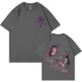 Unisex Baumwolle Kurzarm T-Shirt mit Schmetterling Print und Palmendruck für den Alltag. - Dunkelgrau