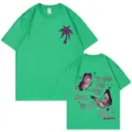 Grünes Baumwoll Kurzarm T-Shirt mit stylischem Palmen-Frontprint und Schmetterling-Rücken. - Dunkelgrün