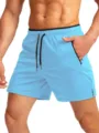 Men's athletic running shorts with zipper pockets and drawstrings, light blue fitness shorts. - S / Bottoms / Light Blue