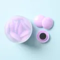 Detail view of pastel purple round magnetic pins inside clear plastic storage jar with strong magnet backing. - 10 Pieces Pack / Lavender