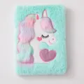 A5 Einhorn Plüsch Notizbuch in Mintgrün mit süßem gesticktem Herzdesign, flauschiges Tagebuch. - Grün