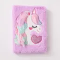 A5 flauschiges Einhorn Notizbuch mit Plüschumschlag und glitzerndem Herz Design für Mädchen. - Lila
