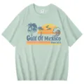 Vintage Gulf Of Mexico print κοντομάνικο t-shirt, casual βαμβακερό στρογγυλή λαιμό. - S / Tops / Πράσινο των φασολιών