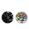 Multifunktionale Metall-Binder-Clips und Büroklammern im runden transparenten Eimer. - 3 Stile Binderclips + 2 Stile Büroklammern + Gummibänder / Schwarz