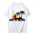 T-shirt décontracté à manches courtes en coton blanc avec motif coucher de soleil et palmiers. - S / Hauts / Blanc