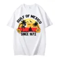 T-shirt décontracté blanc en coton pour hommes et femmes avec imprimé coucher de soleil et palmiers. - S / Hauts / Blanc