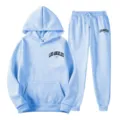 Light blue two-piece tracksuit featuring a comfortable hoodie and sweatpants with letter print. - S / Top And Bottom / Light Blue