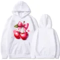 Weißer Langarm Kapuzenpullover mit süßem Kirsche und rosa Schleife Grafikdruck für Damen. - Oberteile / Weiß / S