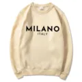 Beige Fleece-Sweatshirt mit Rundhalsausschnitt und Milano Italien Print für Alltag. - S / Oberteile / Khaki