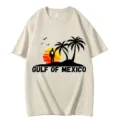 Beige cotton crew neck short sleeve t-shirt featuring a gulf of mexico sunset print. - S / Tops / Beige