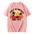 T-shirt à manches courtes en coton rose avec imprimé plage coucher de soleil Golfe du Mexique. - S / Hauts / Rose
