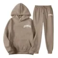Women Casual Tracksuit Set Khaki Hooded Sweatshirt and Jogger Pants Autumn Fashion - S / Top And Bottom / Camel