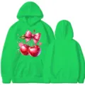 Grüner Hoodie mit süßem Kirschen Schleifen Grafikprint, lässiger Langarm Pullover für Unisex. - Oberteile / Obstgrün / S
