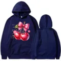 Dunkelblaue Langarm Kapuzensweatshirt mit süßem Kirsch Schleife Druck. Lässiger Stil. - Marineblau