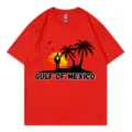 Red short sleeve t-shirt with Gulf of Mexico sunset print, casual cotton crewneck top. - S / Tops / Red