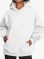 Oversized dropped shoulder hoodie for women, solid white autumn thick hooded sweatshirt with pocket. - White