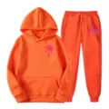 Orange fleece hoodie and sweatpants tracksuit set with tropical palm tree print for adults. - L(XXL) / Top And Bottom / Orange