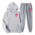 Grey fleece tracksuit set with pink palm tree print, comfortable hoodie and matching sweatpants. - L(XXL) / Top And Bottom / Gray
