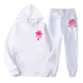 White fleece hoodie and sweatpants tracksuit set with pink palm tree print for casual wear. - L(XXL) / Top And Bottom / White