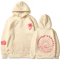 Felpa con cappuccio beige da donna con palma sul davanti e grafica tramonto sul retro. - Taglia S / Top / Khaki 311