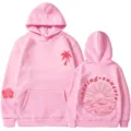 Sudadera con capucha rosa para mujer con palmera frontal y diseño chasing sunsets. - S / Tops / Rosa 311