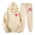 Beige fleece hoodie and sweatpants tracksuit set with stylish pink palm tree graphic print. - L(XXL) / Top And Bottom / Beige