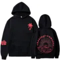 Sudadera con capucha negra con gráfico rosa chasing sunsets, palmeras y estampados. - S / Tops / Negro 311