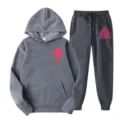 Grey fleece hoodie and sweatpants set featuring pink palm tree graphic print for daily wear. - L(XXL) / Top And Bottom / Dark Gray