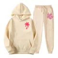 Beige hooded sweatshirt and sweatpants tracksuit set with cute palm tree and flower print. - L(XXL) / Top And Bottom / Light Khaki