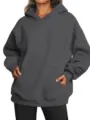 Women Oversized Drop Shoulder Hoodie Dark Grey Casual Long Sleeve Pullover Sweatshirt - Dark Gray