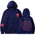 Sudadera con capucha azul oscuro para mujer con estampado de puesta de sol y olas, jersey casual. - S / Tops / Azul Marino 311