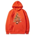 Orange Christmas print hoodie with front pocket, comfortable long sleeve pullover for men and women. - Orange
