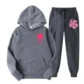 Men women fleece tracksuit set grey hoodie sweatpants with pink print casual sportswear - L(XXL) / Top And Bottom / Dark Gray