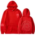Felpa con cappuccio rossa da donna con stampa di palme e bellissima grafica di tramonto. - Taglia S / Top / Rosso 311