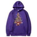 Purple Christmas tree print hooded sweatshirt with front pocket, casual long sleeve winter top. - Purple