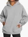 Women's casual grey oversized drop shoulder hoodie with front pocket for autumn daily wear. - Light Gray