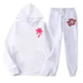 White fleece hoodie and sweatpants matching set with tropical palm print clothing variant. - L(XXL) / Top And Bottom / White