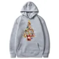 Grey hooded sweatshirt with Christmas tree book print, casual long sleeve pocket top for winter. - Light Gray