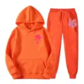 Solid orange fleece tracksuit set with hoodie and sweatpants featuring cute graphic prints. - L(XXL) / Top And Bottom / Bright Orange