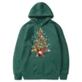 Dark green Christmas tree book print hoodie with front pocket, cozy holiday apparel. - Dark Green
