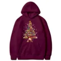 Burgundy Christmas book tree hoodie for men and women, cozy long sleeve hooded sweatshirt. - Burgundy