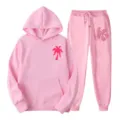 Pink fleece hoodie and sweatpants set with palm tree graphic, cozy casual tracksuit for daily wear. - L(XXL) / Top And Bottom / Pink