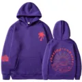 Felpa con cappuccio viola da donna con stampa chasing sunsets, palma e fiori sulle maniche. - Taglia S / Top / Viola 311