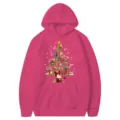 Pink Christmas tree printed hoodie with front pocket long sleeve casual winter sweatshirt for adults - Rose Red