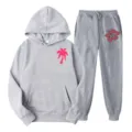 Grey hoodie and sweatpants set for men and women with red palm print, casual sportswear suit. - L(XXL) / Top And Bottom / Gray